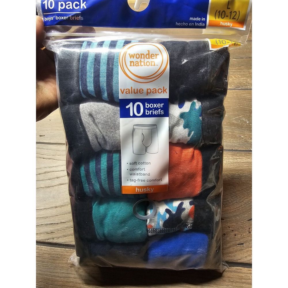 Boy's Boxer Briefs 10-Pack L (10-12) Husky Boys Boxer Briefs Wonder Nation Brand